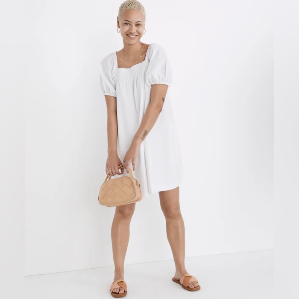 Madewell Puff-Sleeve A-Line Mini Dress in White Seersucker